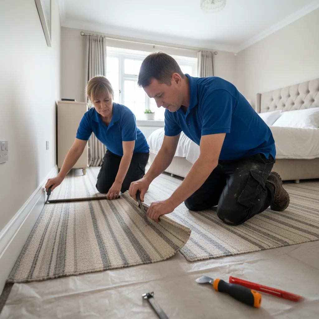 Professional carpet installers completing fitting in Chalfont St. Peter bedroom