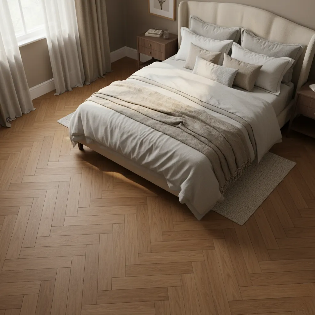 Bright bedroom in Chalfont St. Peter with herringbone luxury vinyl tile flooring