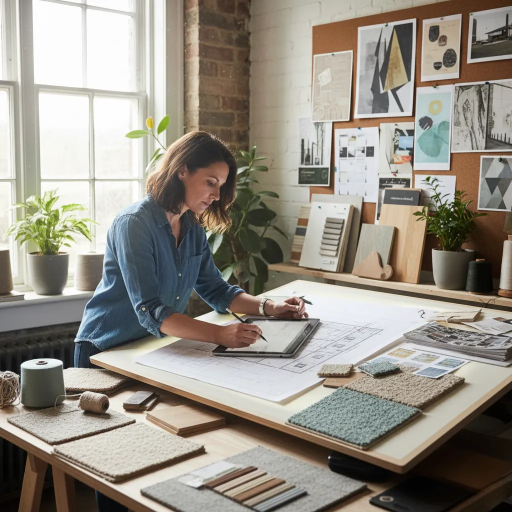 Flooring designer creating concepts with mood board and material samples