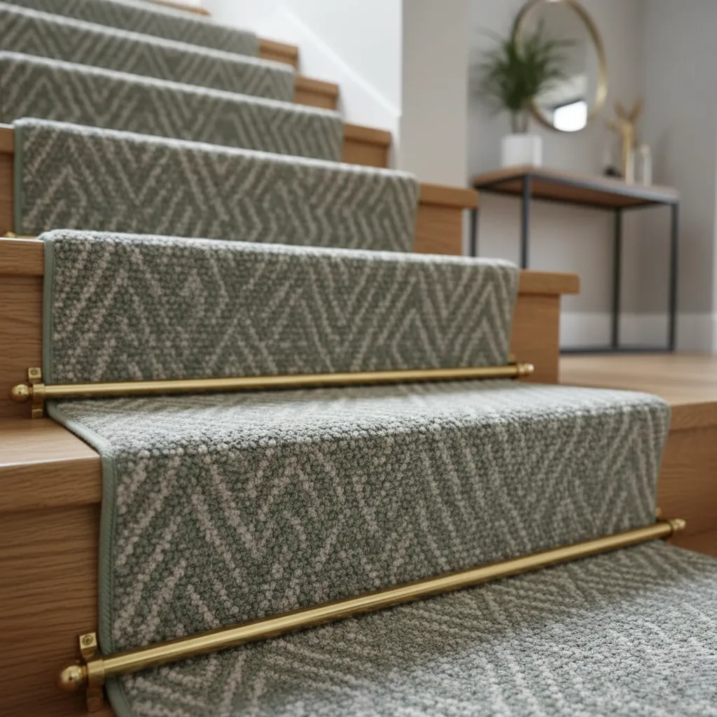 Patterned stair runner with brass rods on oak stairs, Chalfont St. Peter