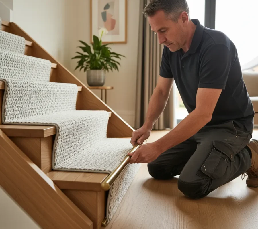 Flooring installer fitting natural fiber stair runner in Chalfont St. Peter home