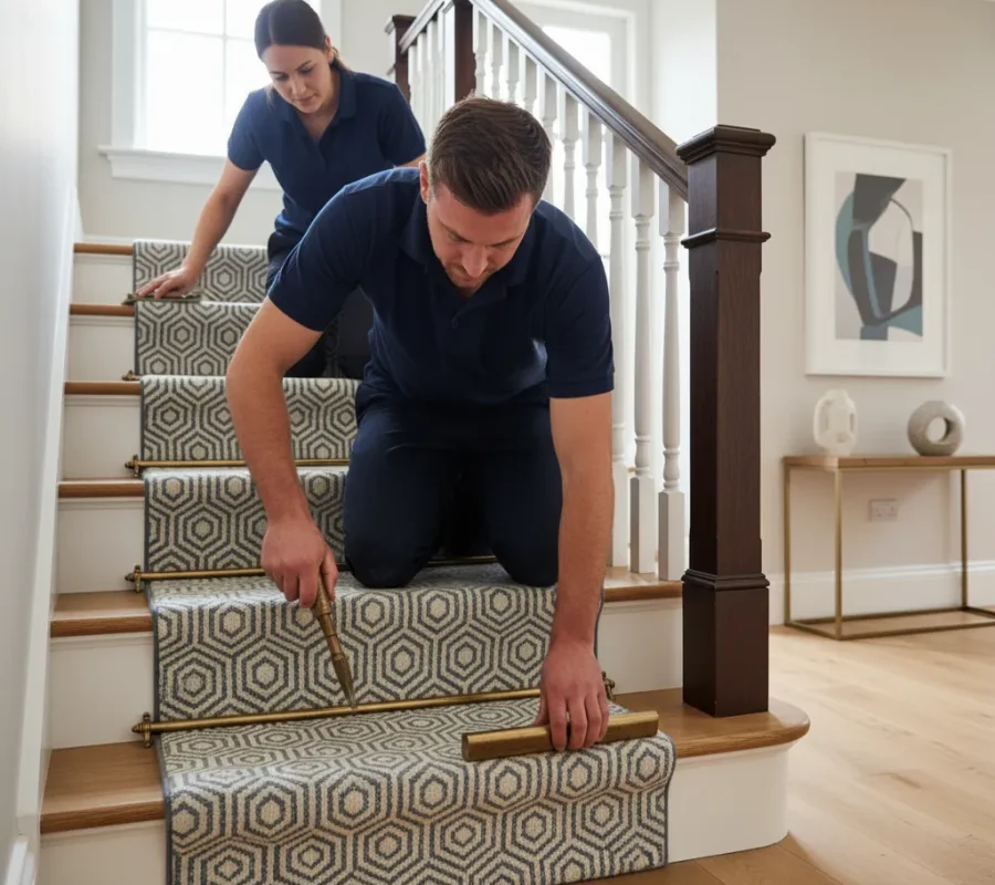 Professionals installing geometric pattern stair runner in elegant home