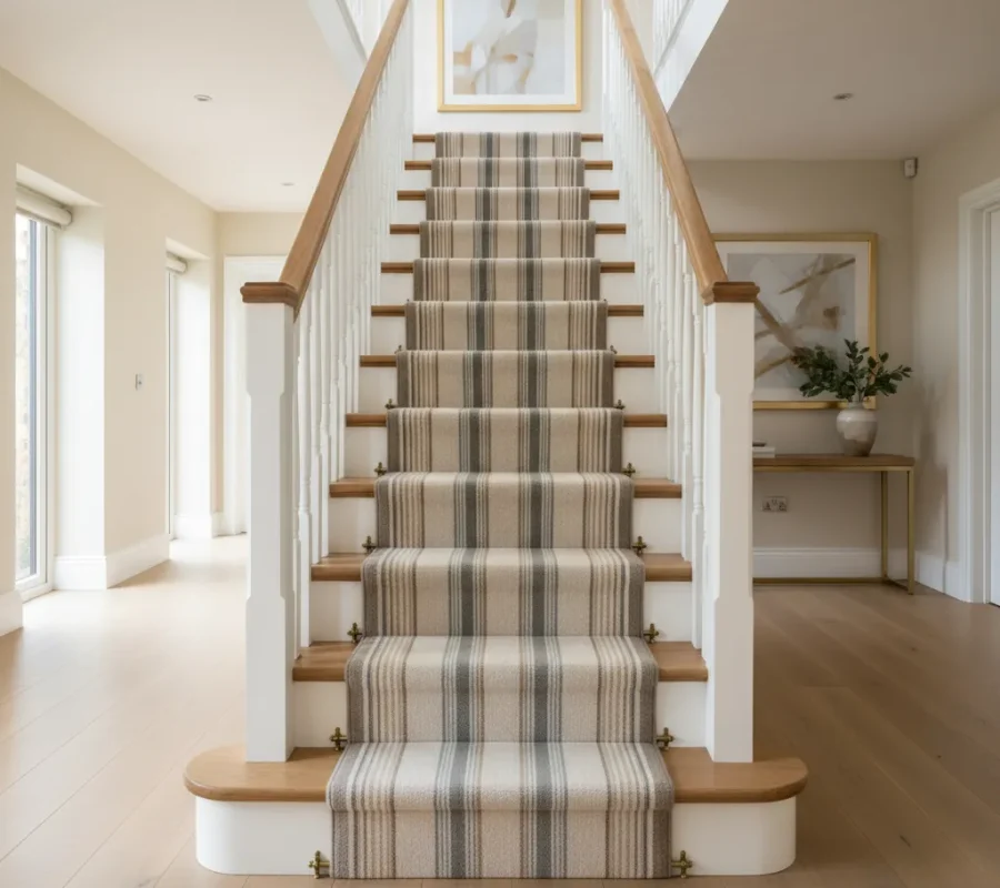 Elegant staircase with striped wool runner, stair rods, bright British home