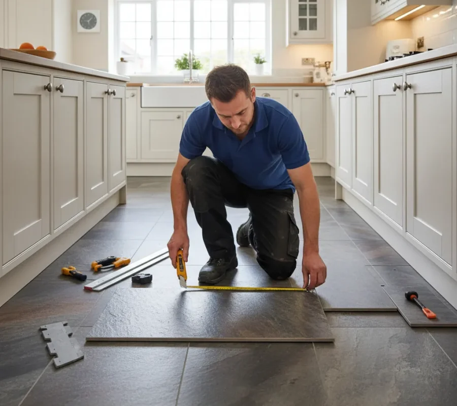Flooring installer fitting stone-look LVT in modern Chalfont St. Peter kitchen
